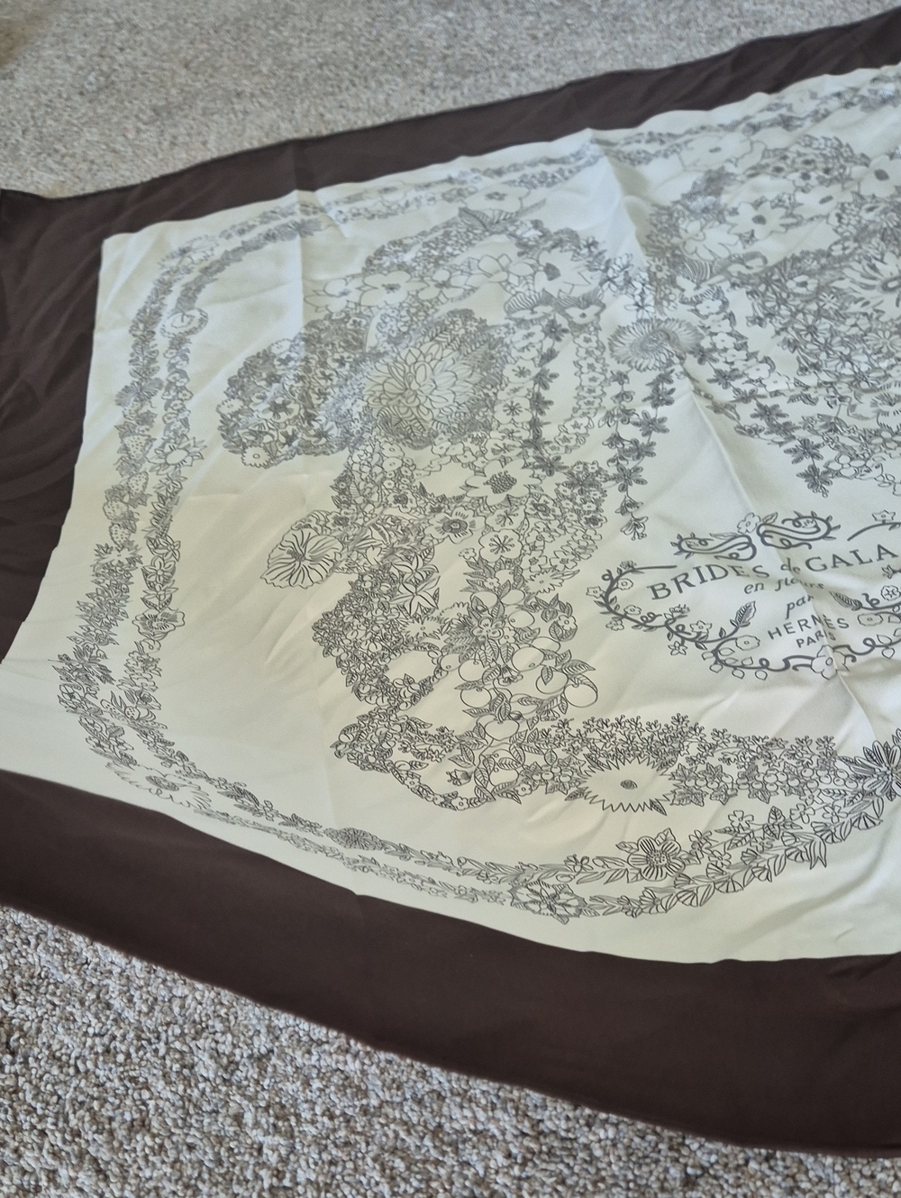 Floral Silk Scarf in White and Dark Brown - Picture 4 of 6